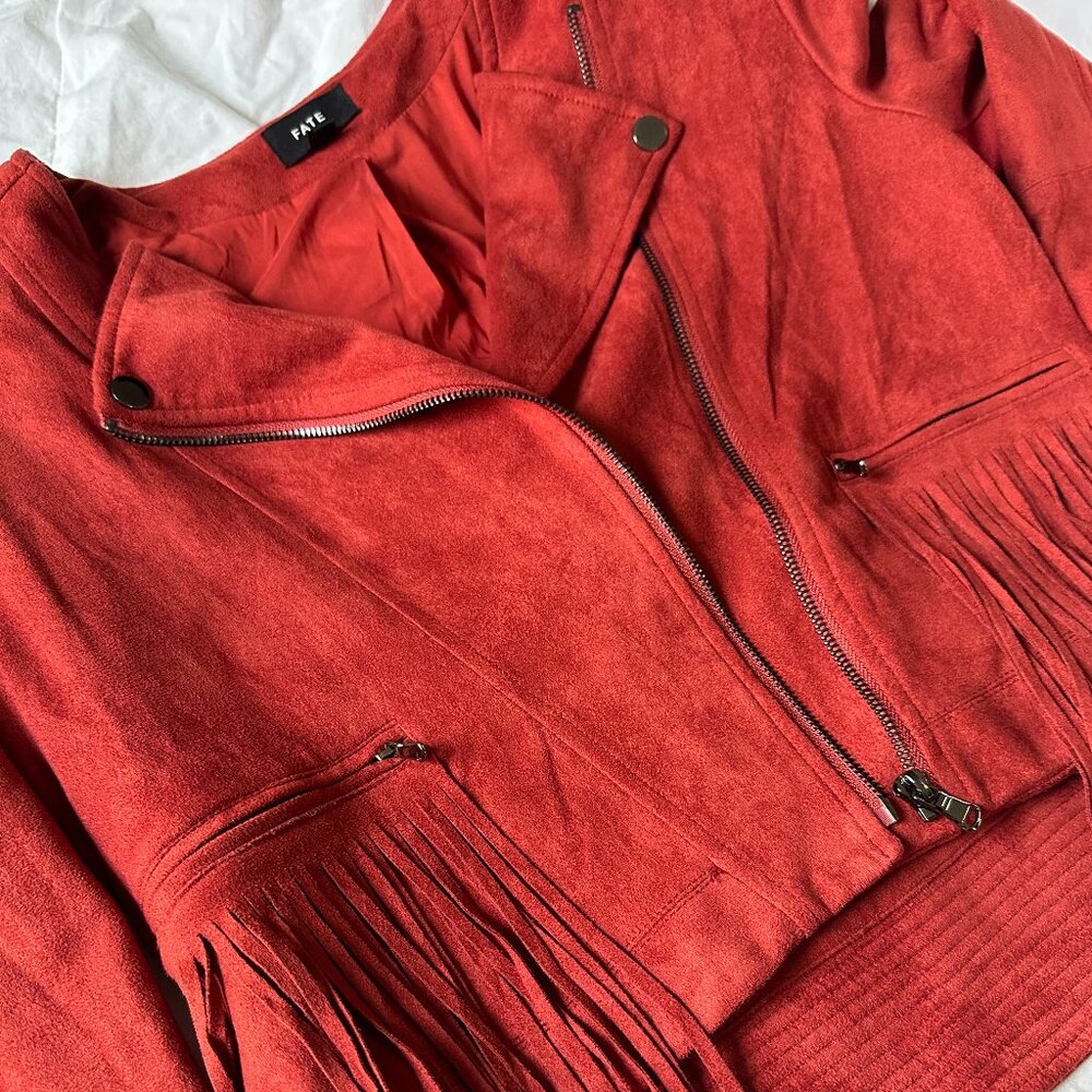 S Fate Vegan Leather Jacket By Anthropologie Blood Orange with beautiful fringe